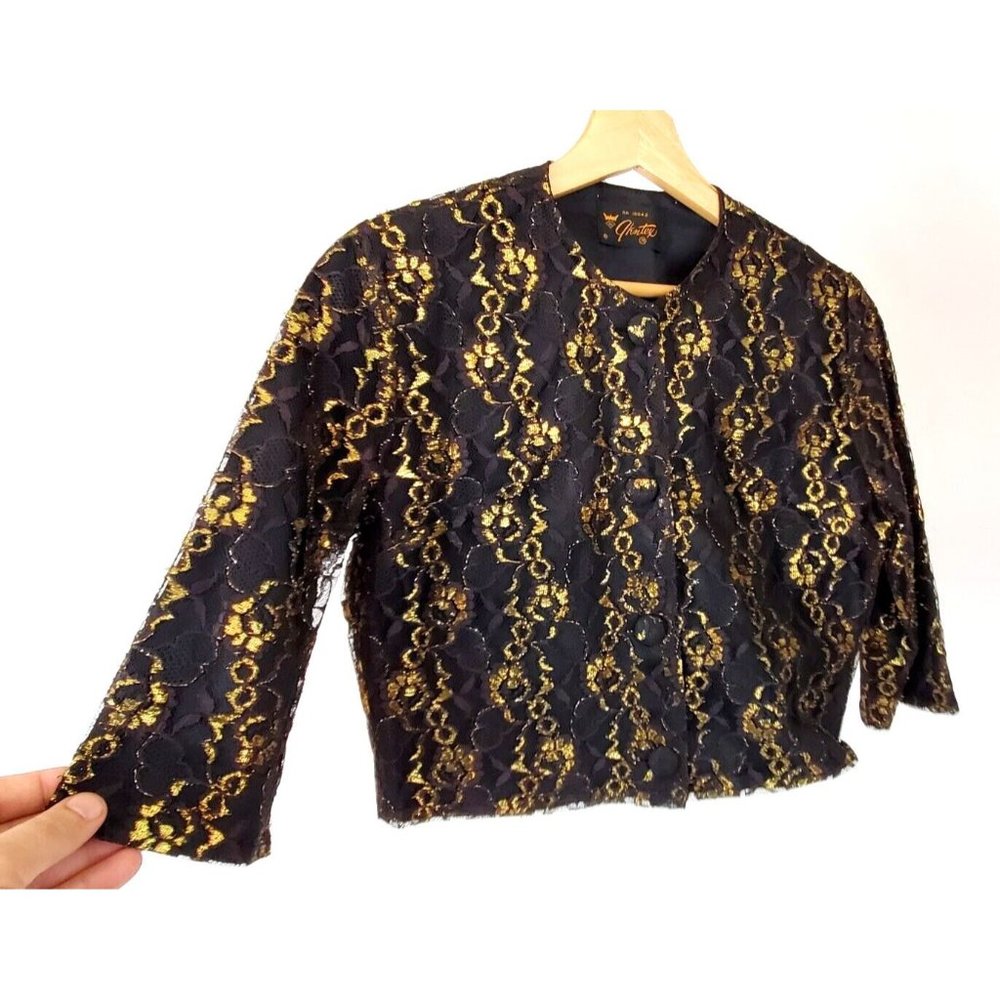 Vintage 1960s Stunning Gold Black Lace Lightweight Jacket Glentex Size Medium